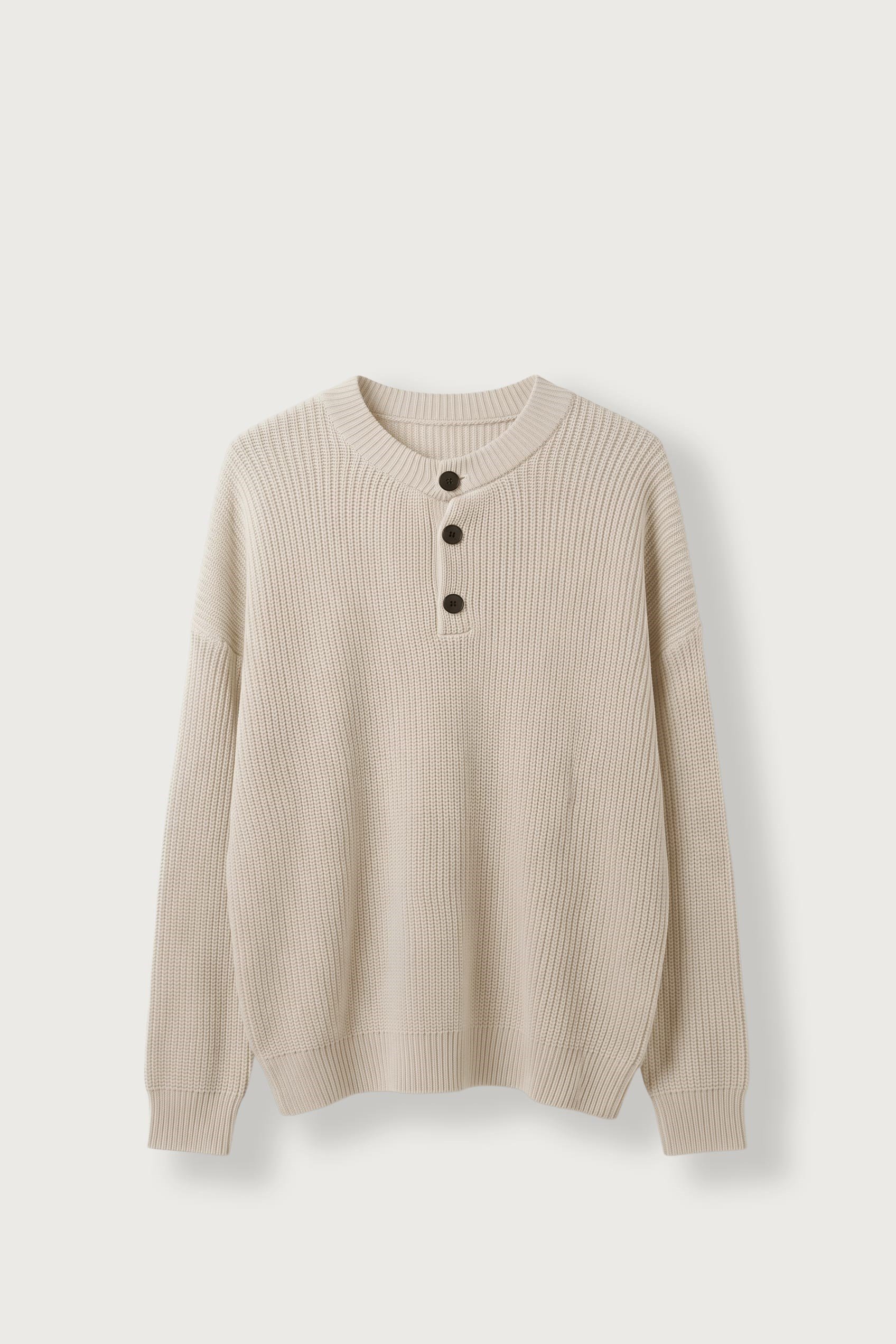 Erkek Super Oversize Henley Yaka Triko Kazak Bej