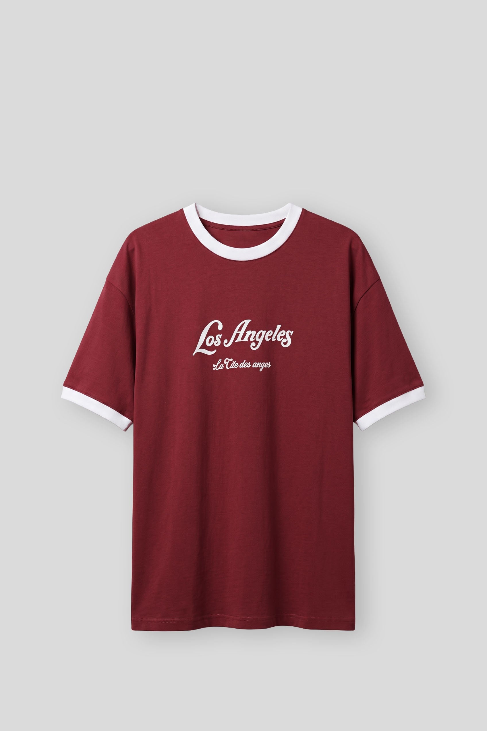 Erkek Süper Oversize LA Baskılı Kontrast Yaka T-Shirt Bordo