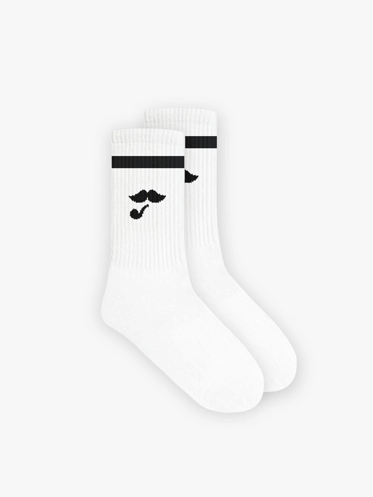 Erkek Unisex Bıyık Baskılı Uzun Kolej Tenis Çorap Beyaz