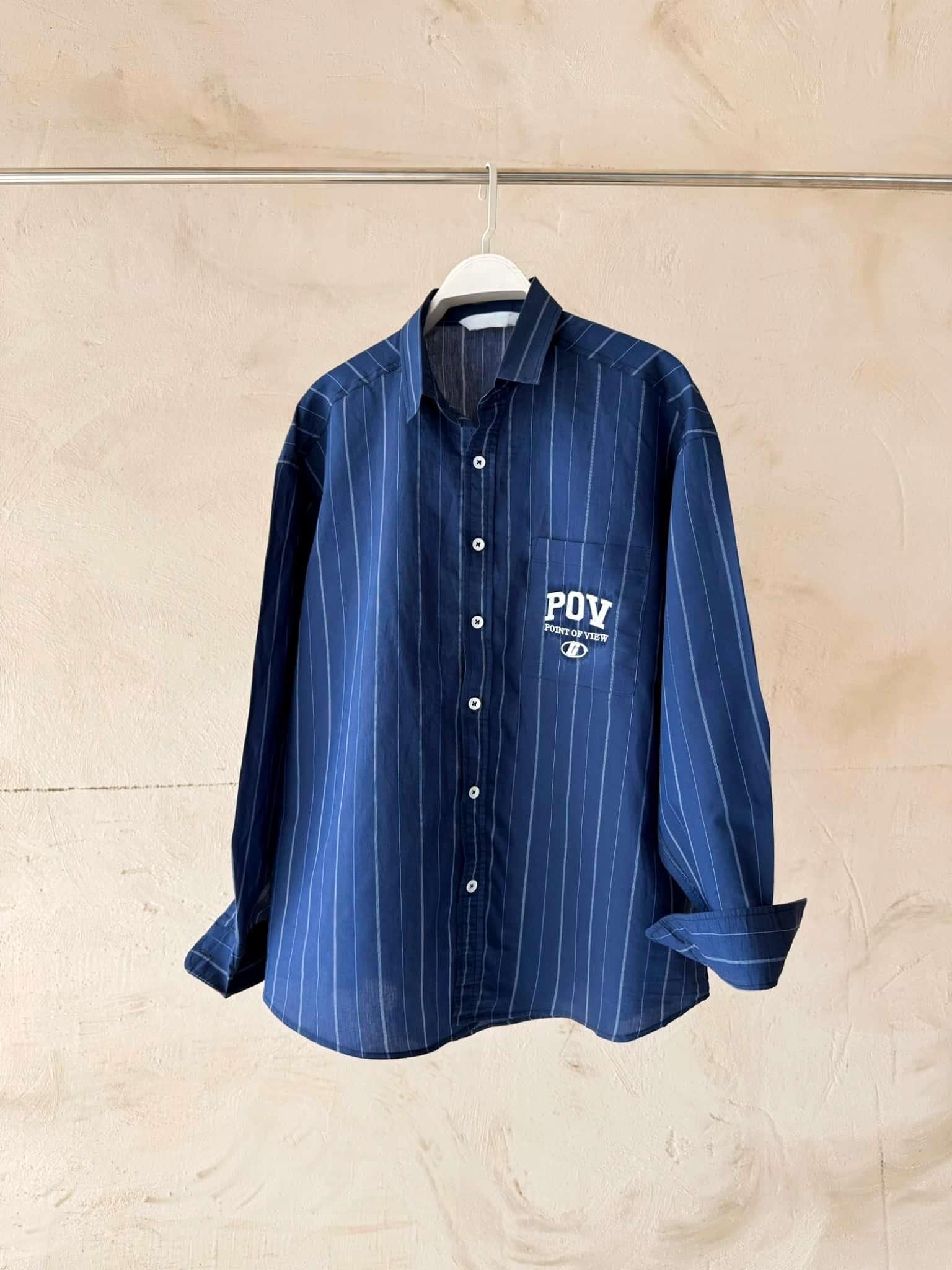 Erkek Uzun Kollu Nakış İşlemeli Oversize Gömlek Lacivert