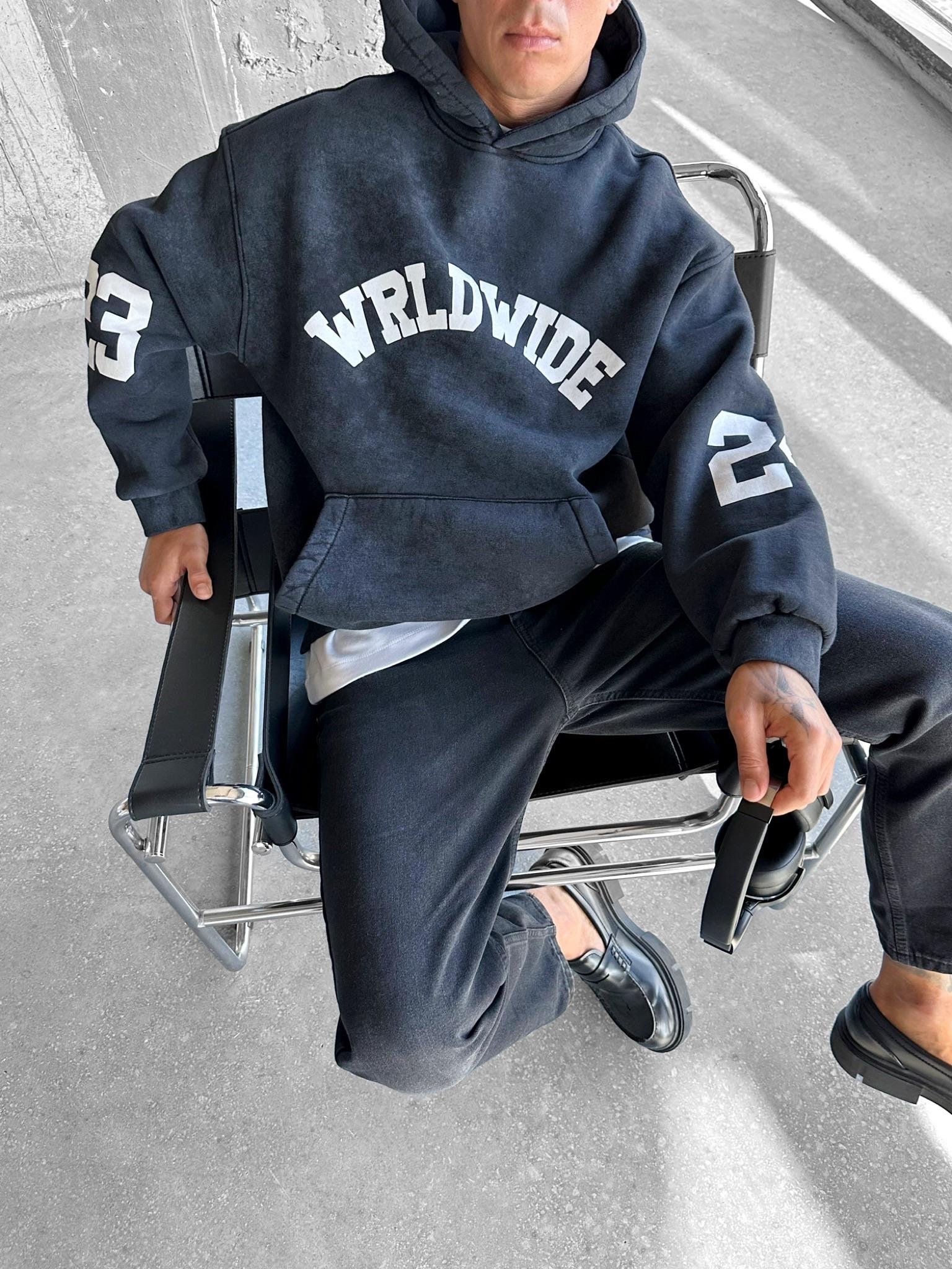Erkek Wrld Wide Baskılı Oversize Hoodie Füme