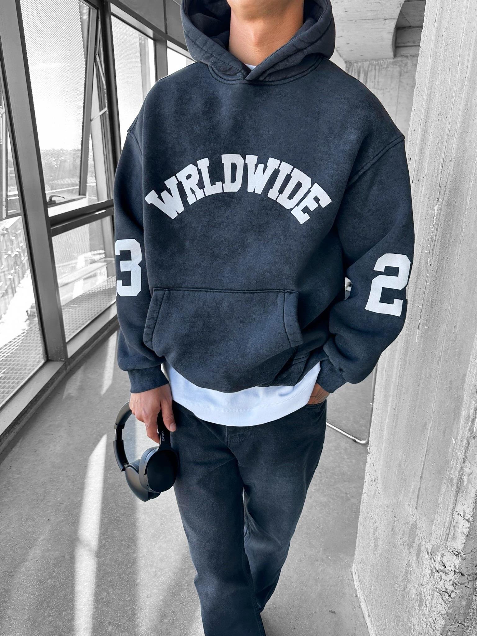 Erkek Wrld Wide Baskılı Oversize Hoodie Füme
