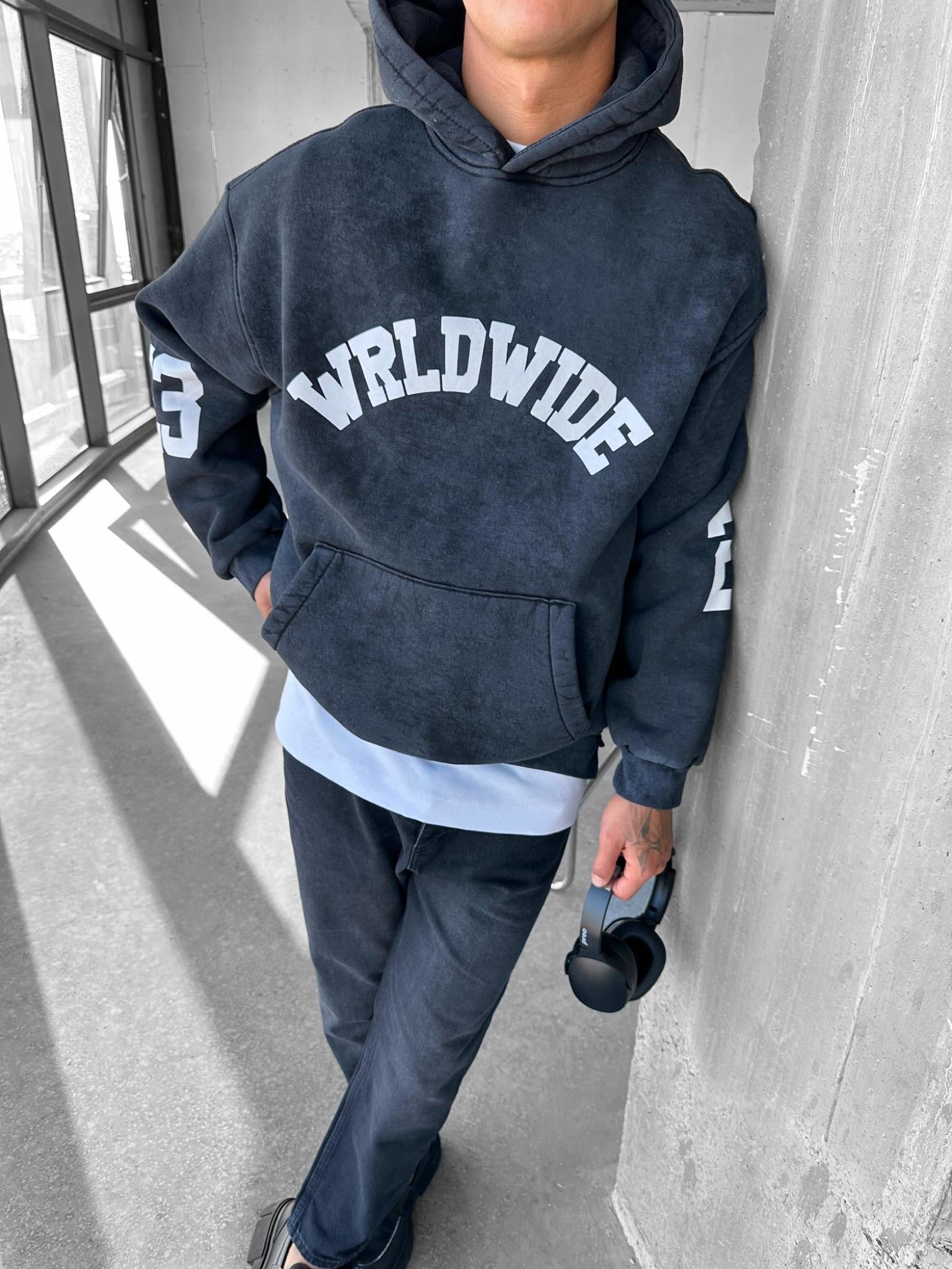 Erkek Wrld Wide Baskılı Oversize Hoodie Füme