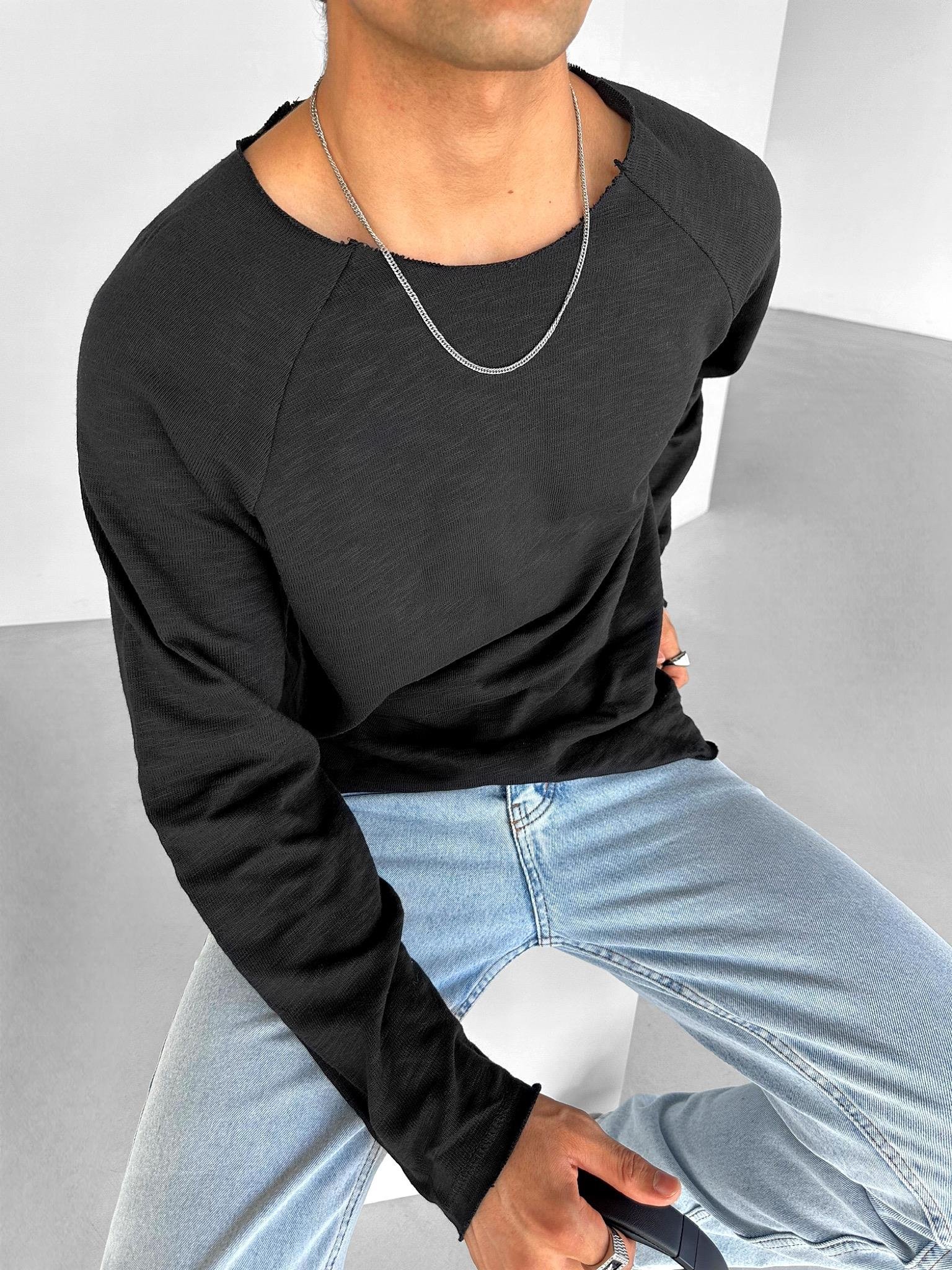 Erkek Yakasız Uzun Kollu Basic Sweatshirt Siyah