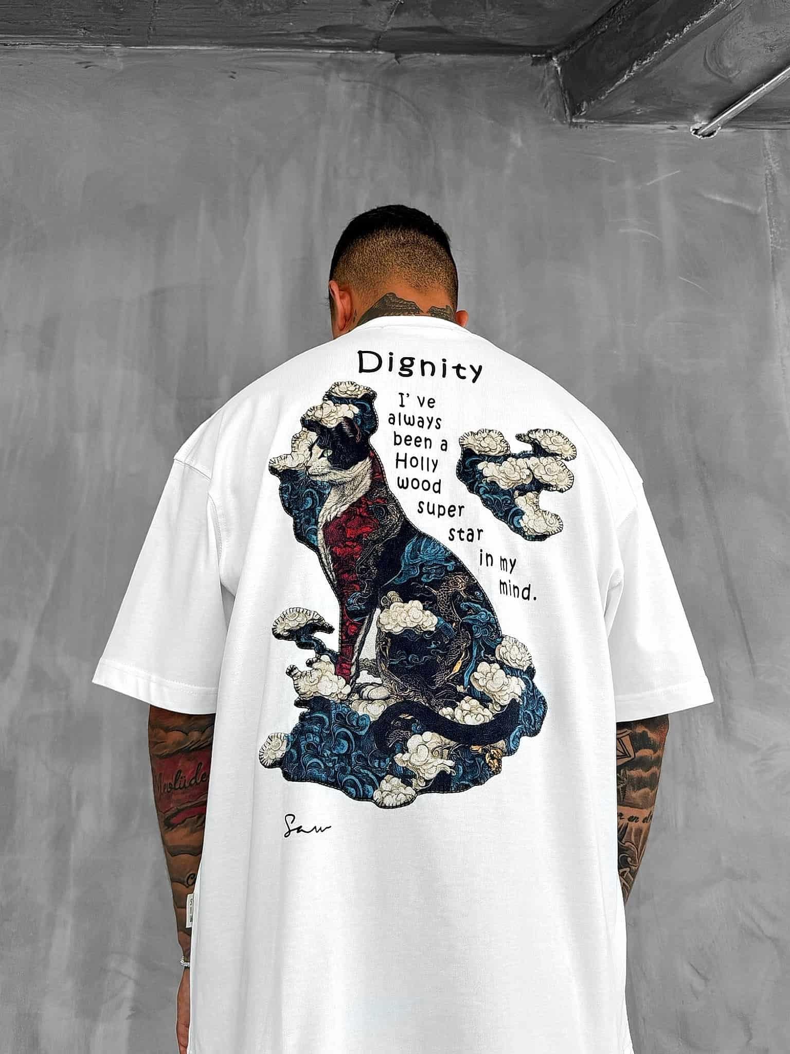 Erkek Yamalı Oversize T-Shirt Beyaz
