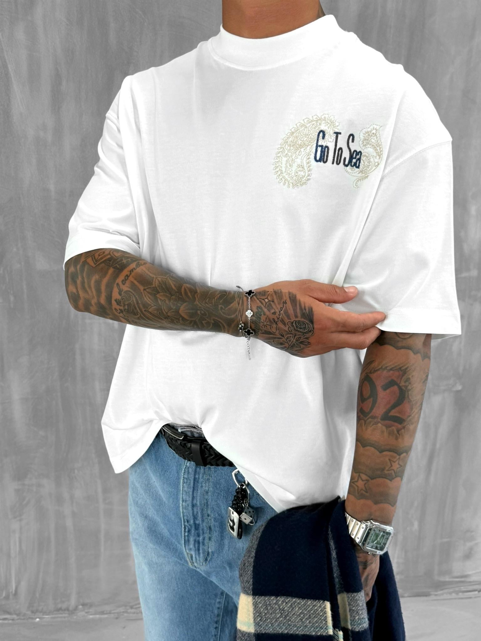 Erkek Yelken Desenli Nakışlı Oversize T-Shirt Beyaz