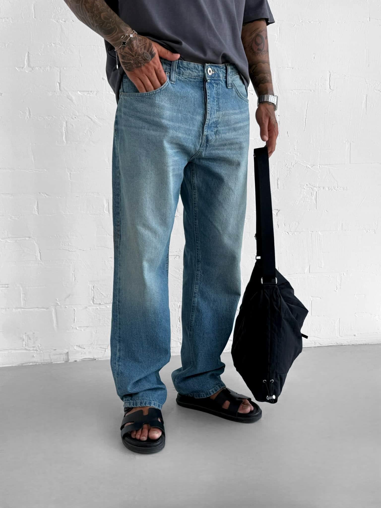 Erkek Yıkamalı Baggy Fit Jean Pantolon Açık Mavi