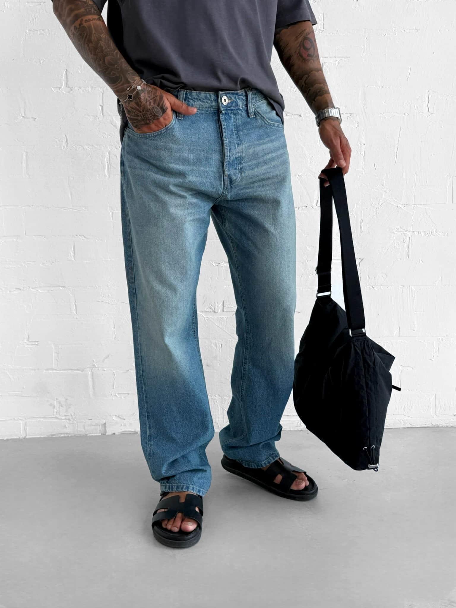 Erkek Yıkamalı Baggy Fit Jean Pantolon Açık Mavi