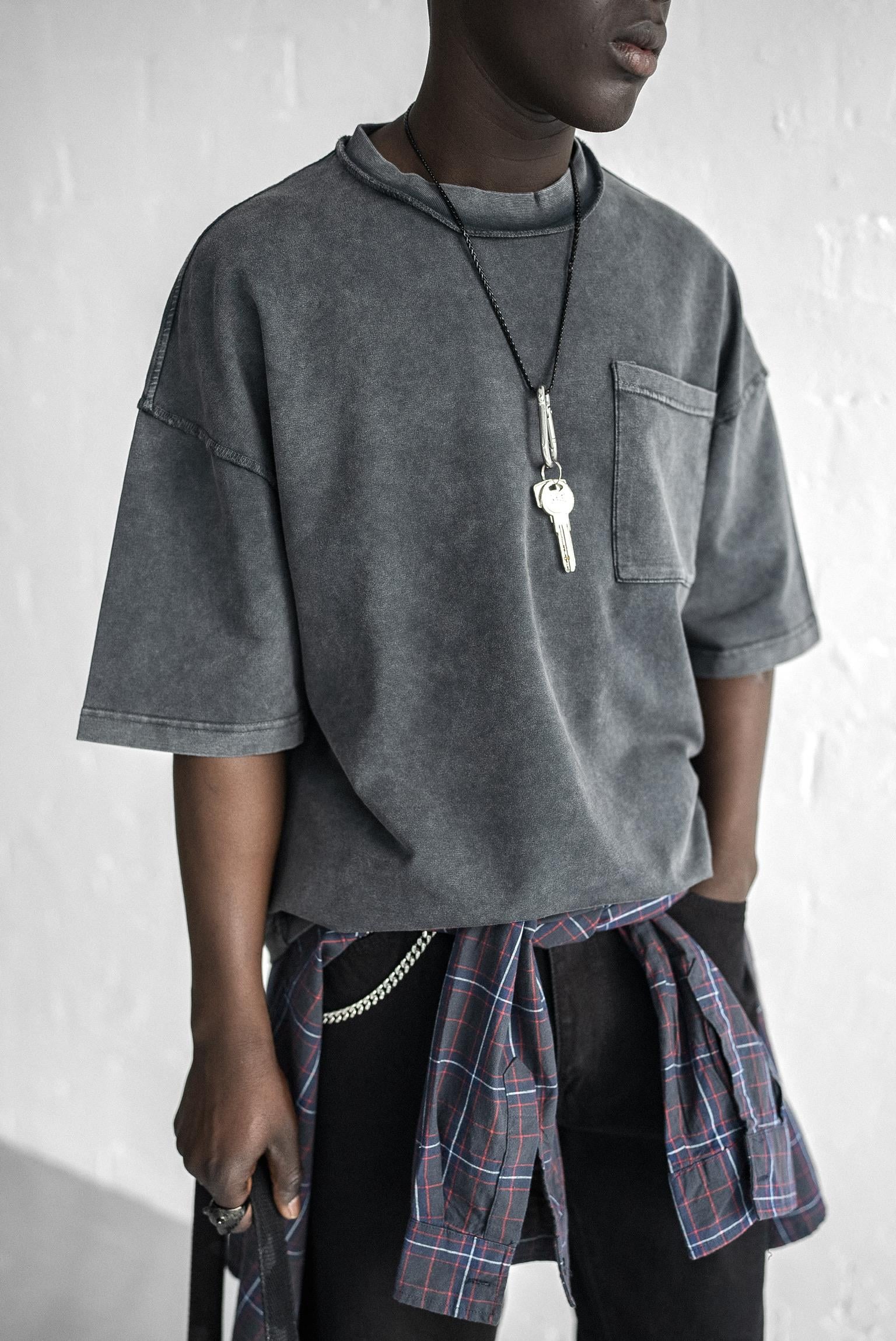 Erkek Yıkamalı Dikiş Detaylı Oversize T-Shirt Siyah
