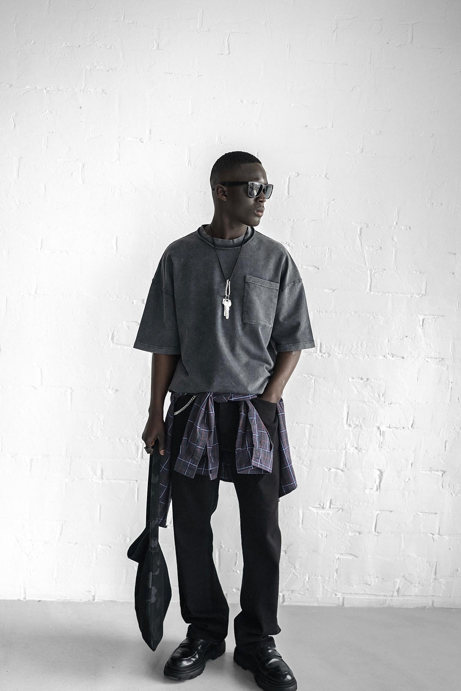 Erkek Yıkamalı Dikiş Detaylı Oversize T-Shirt Siyah