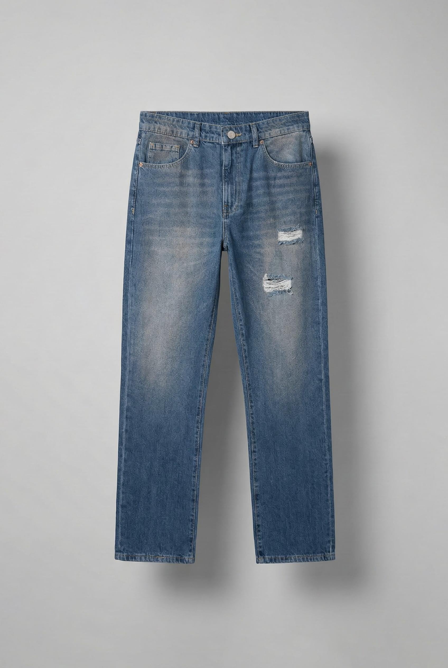 Erkek Yırtık Soluk Efektli Baggy Fit Jean Mavi