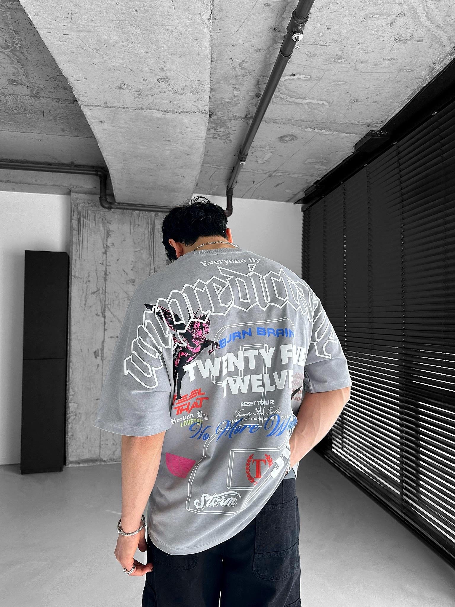 Extra Oversize Baskılı T-Shirt Gri