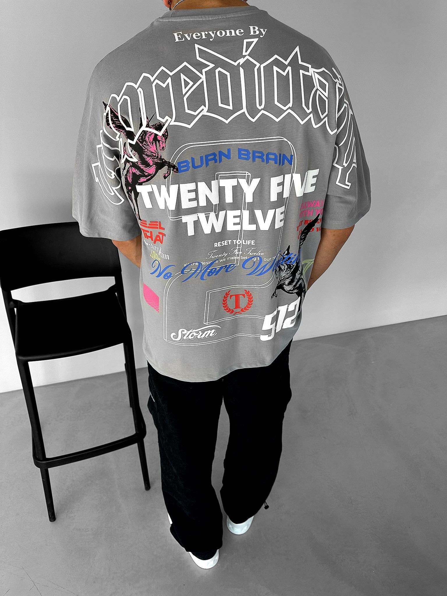 Extra Oversize Baskılı T-Shirt Gri