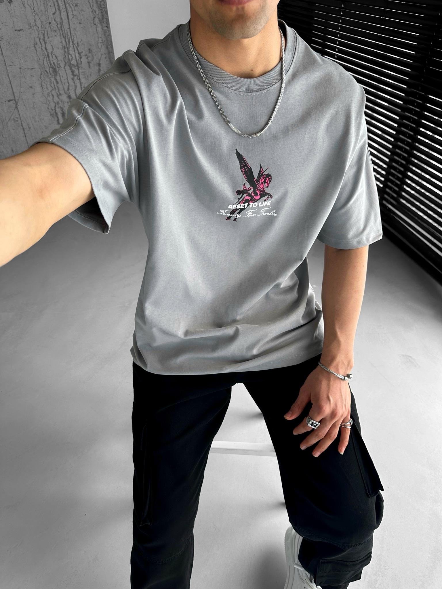 Extra Oversize Baskılı T-Shirt Gri