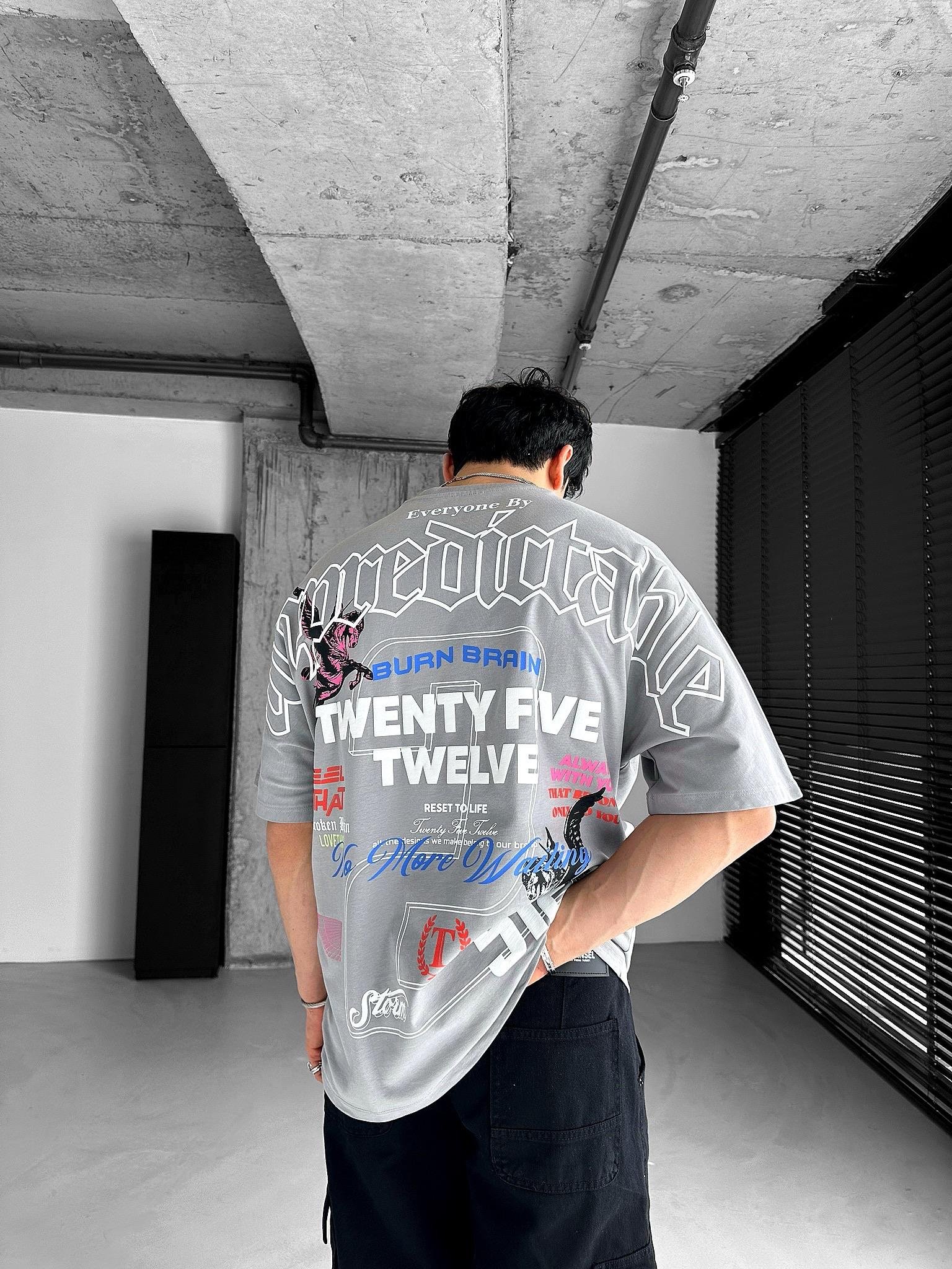 Extra Oversize Baskılı T-Shirt Gri