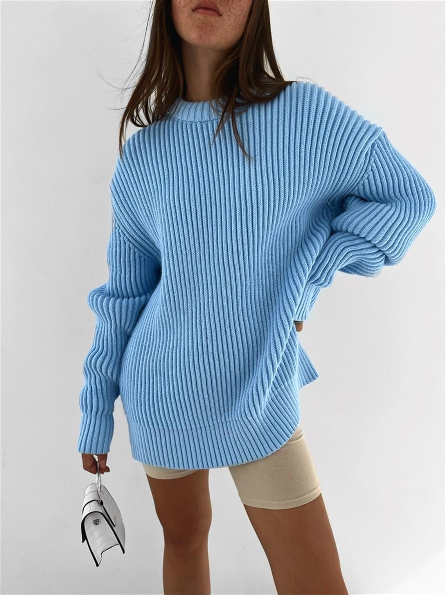 Extra Oversize Fitilli Örme Kazak Bebek Mavi