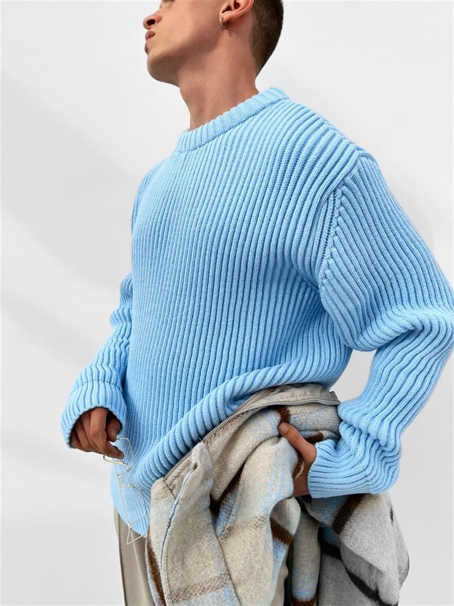 Extra Oversize Fitilli Örme Kazak Bebek Mavi