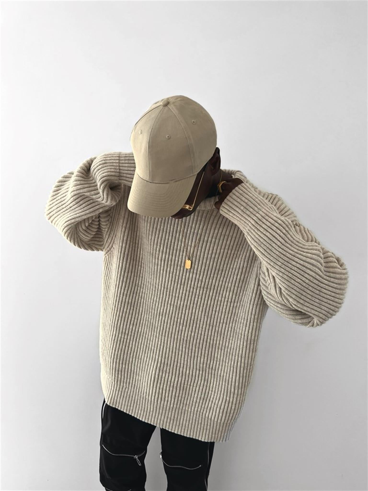 Extra Oversize Fitilli Örme Kazak Bej