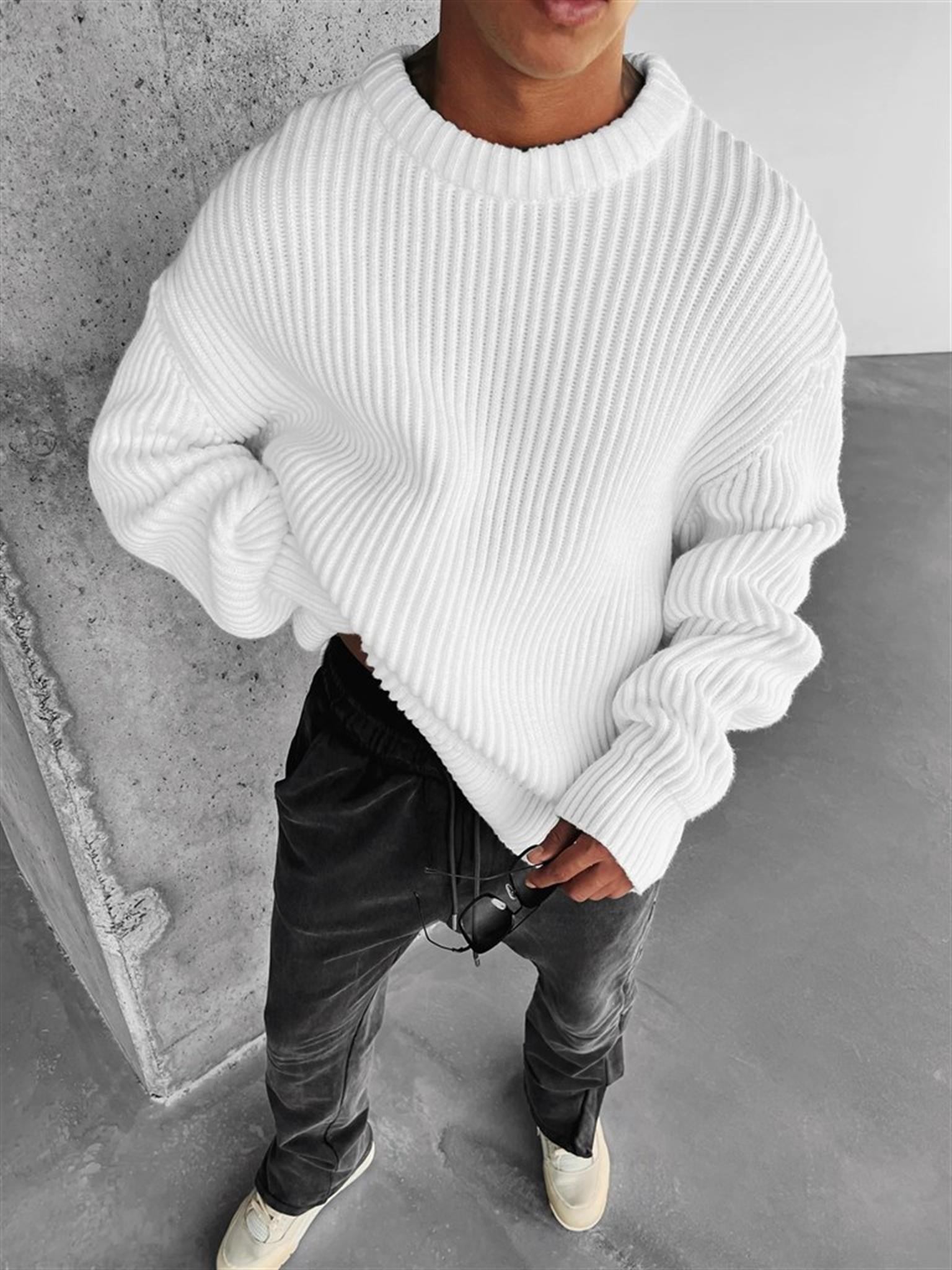 Extra Oversize Fitilli Örme Kazak Beyaz