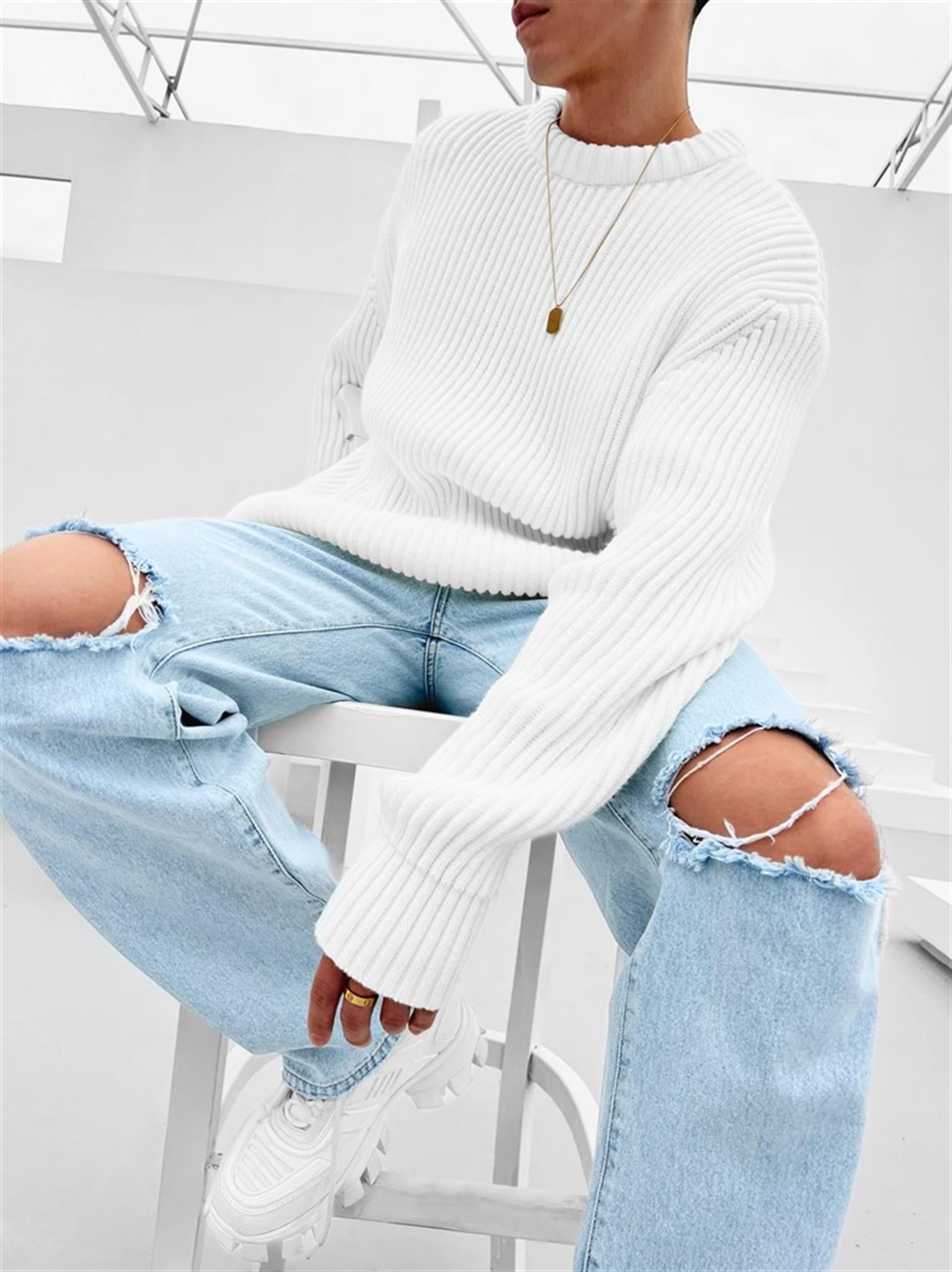 Extra Oversize Fitilli Örme Kazak Beyaz