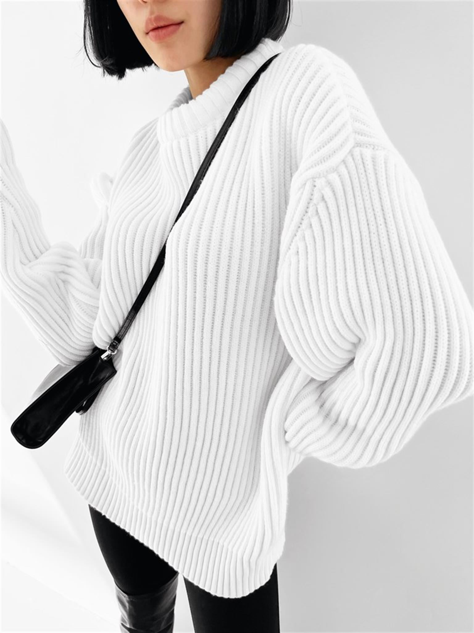 Extra Oversize Fitilli Örme Kazak Beyaz
