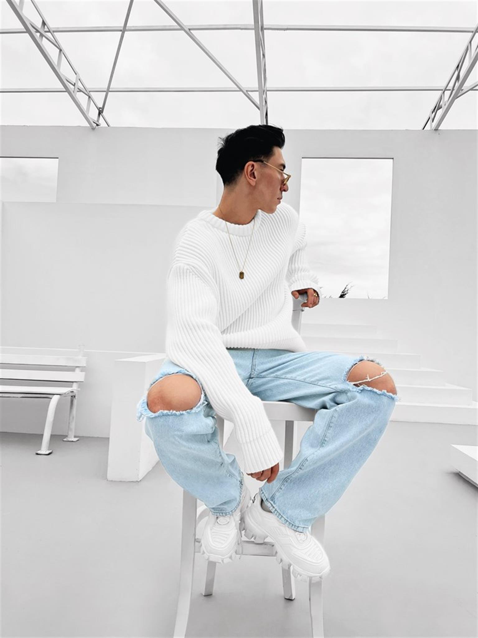 Extra Oversize Fitilli Örme Kazak Beyaz
