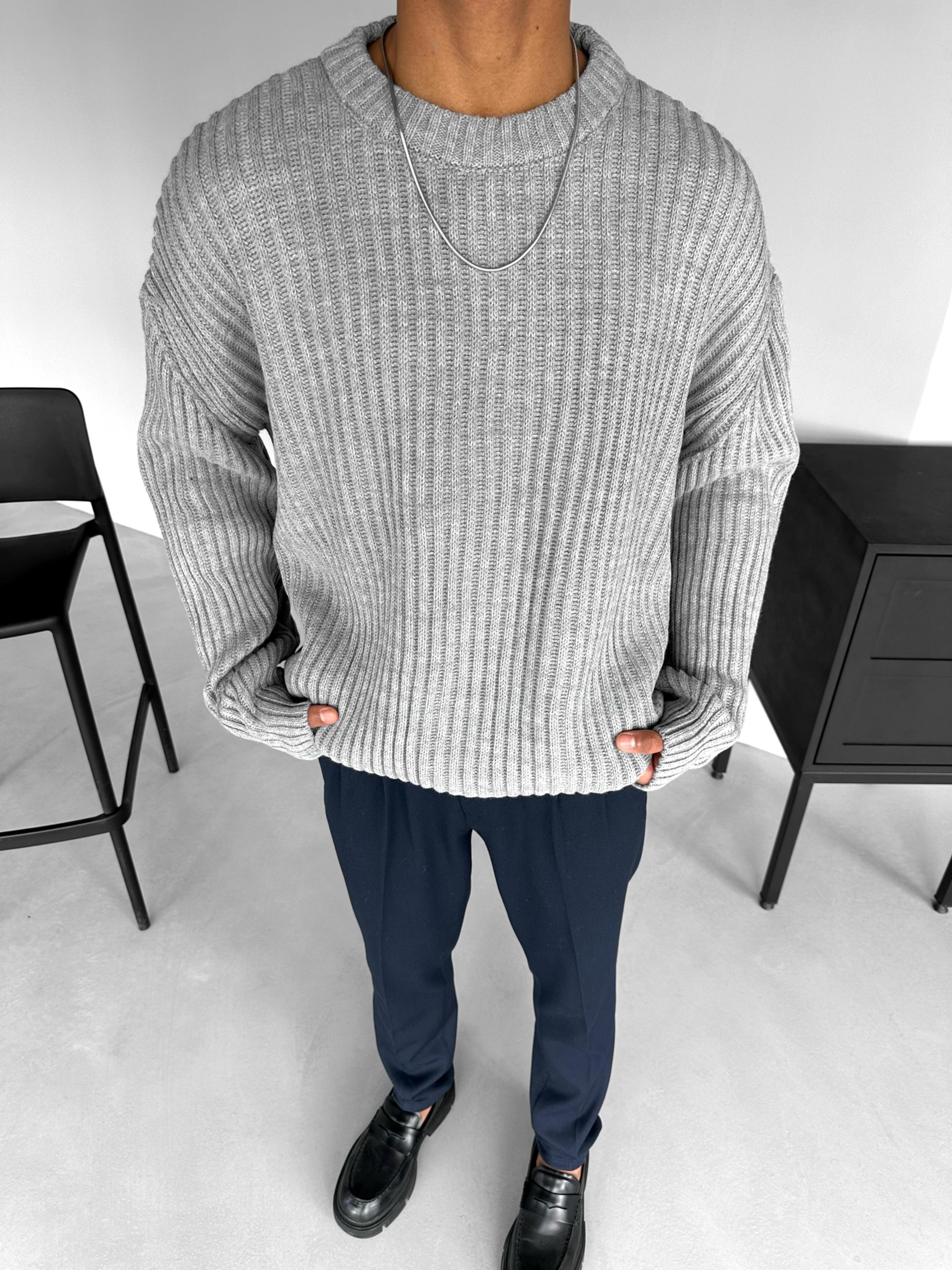Extra Oversize Fitilli Örme Kazak Gri
