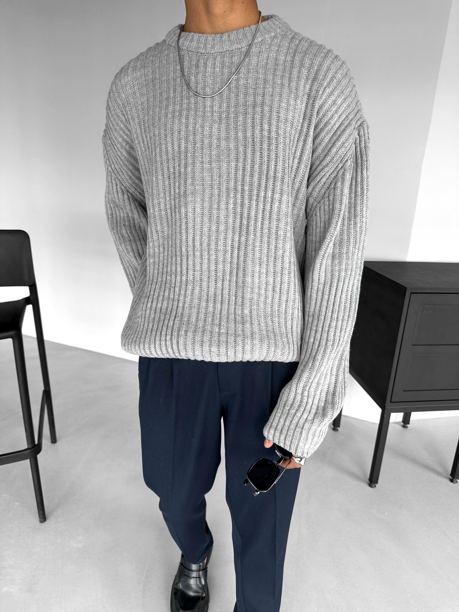 Extra Oversize Fitilli Örme Kazak Gri
