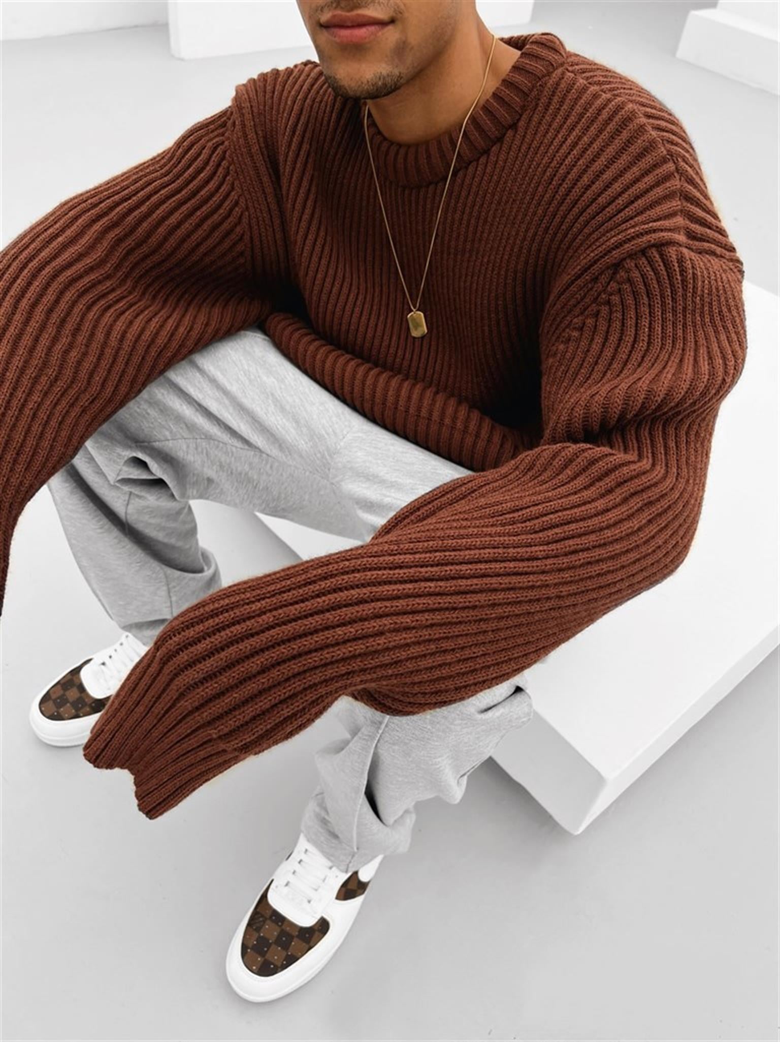 Extra Oversize Fitilli Örme Kazak Kahverengi