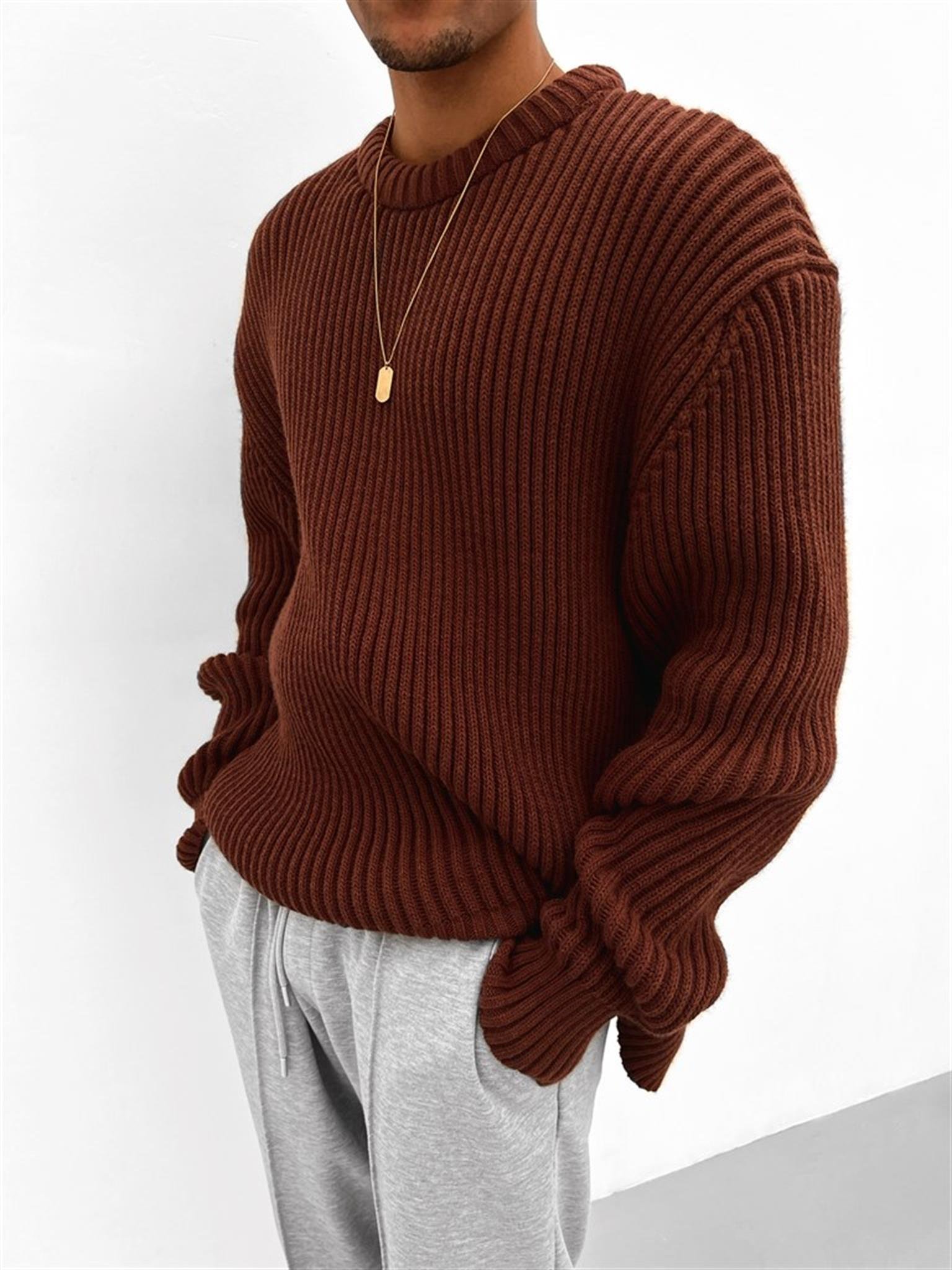 Extra Oversize Fitilli Örme Kazak Kahverengi