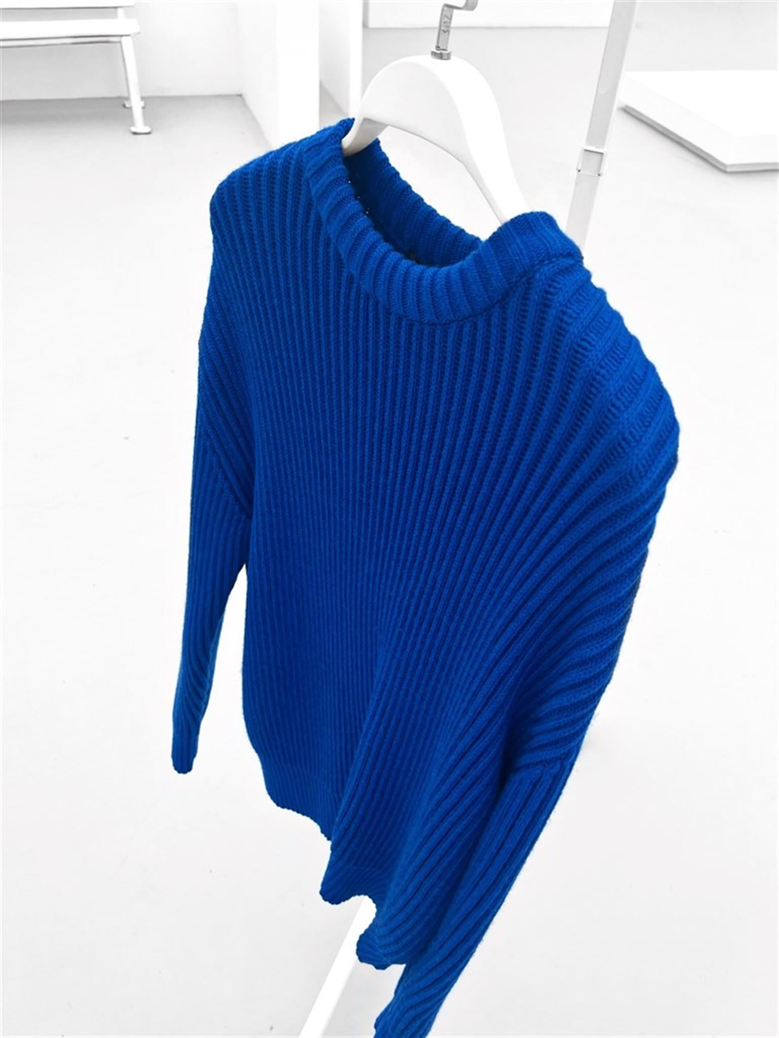 Extra Oversize Fitilli Örme Kazak Saks Mavi
