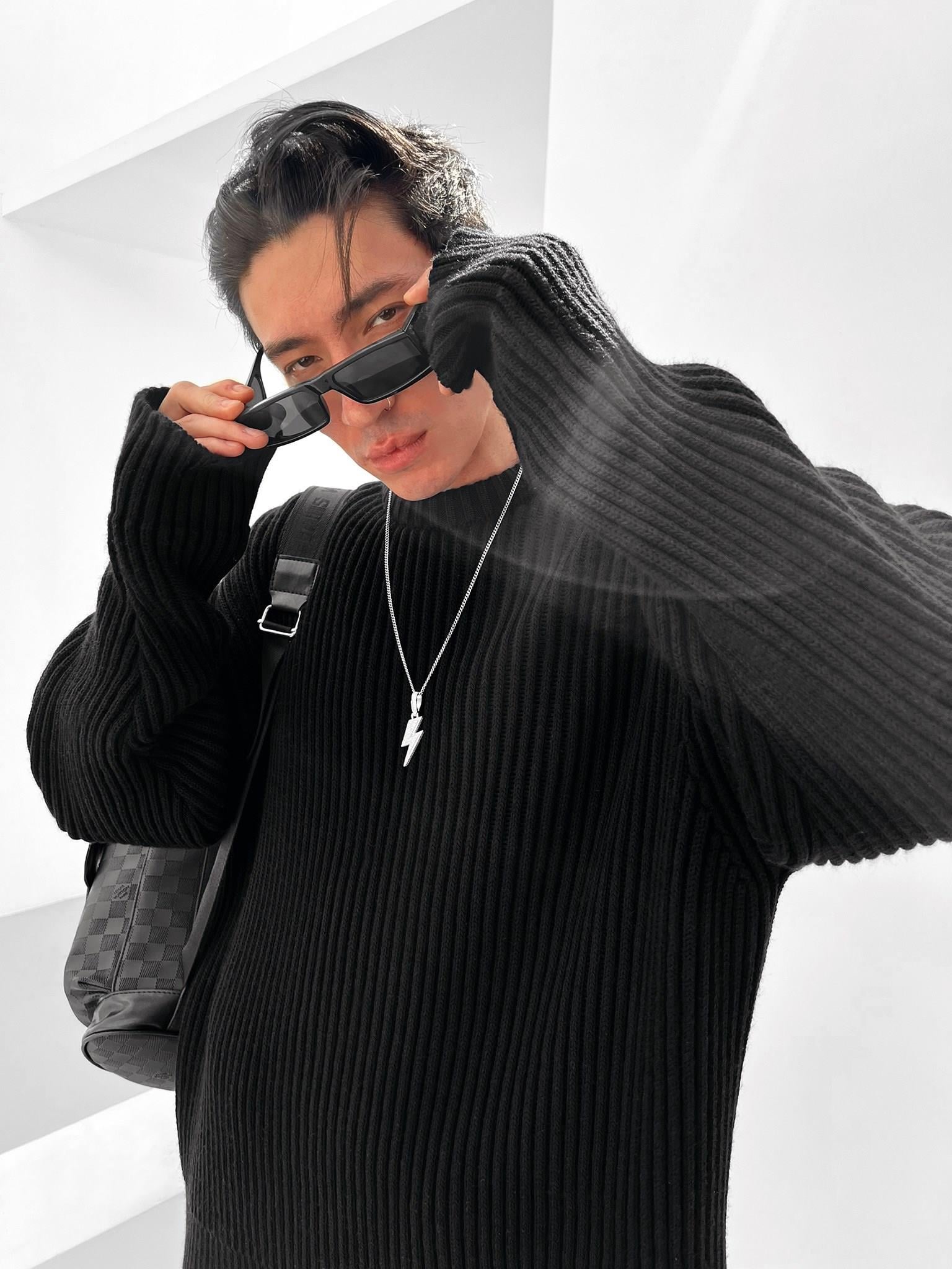 Extra Oversize Fitilli Örme Kazak Siyah