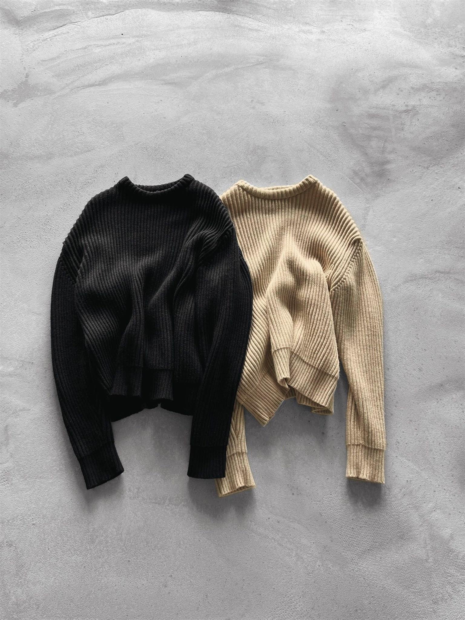 Extra Oversize Fitilli Örme Kazak Siyah