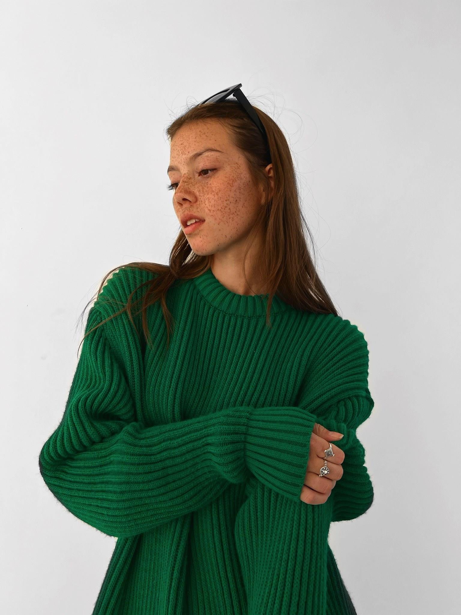 Extra Oversize Fitilli Örme Kazak Yeşil