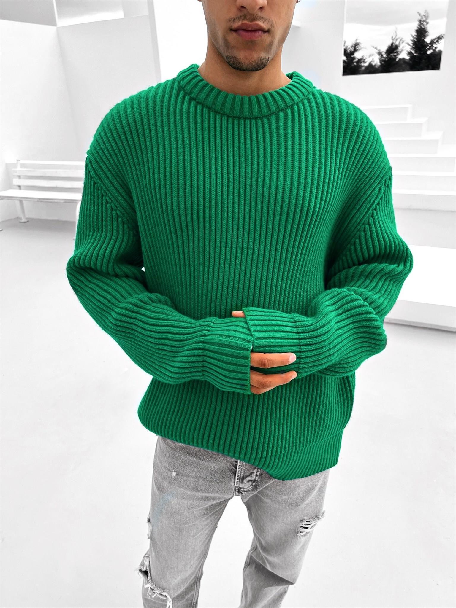 Extra Oversize Fitilli Örme Kazak Yeşil