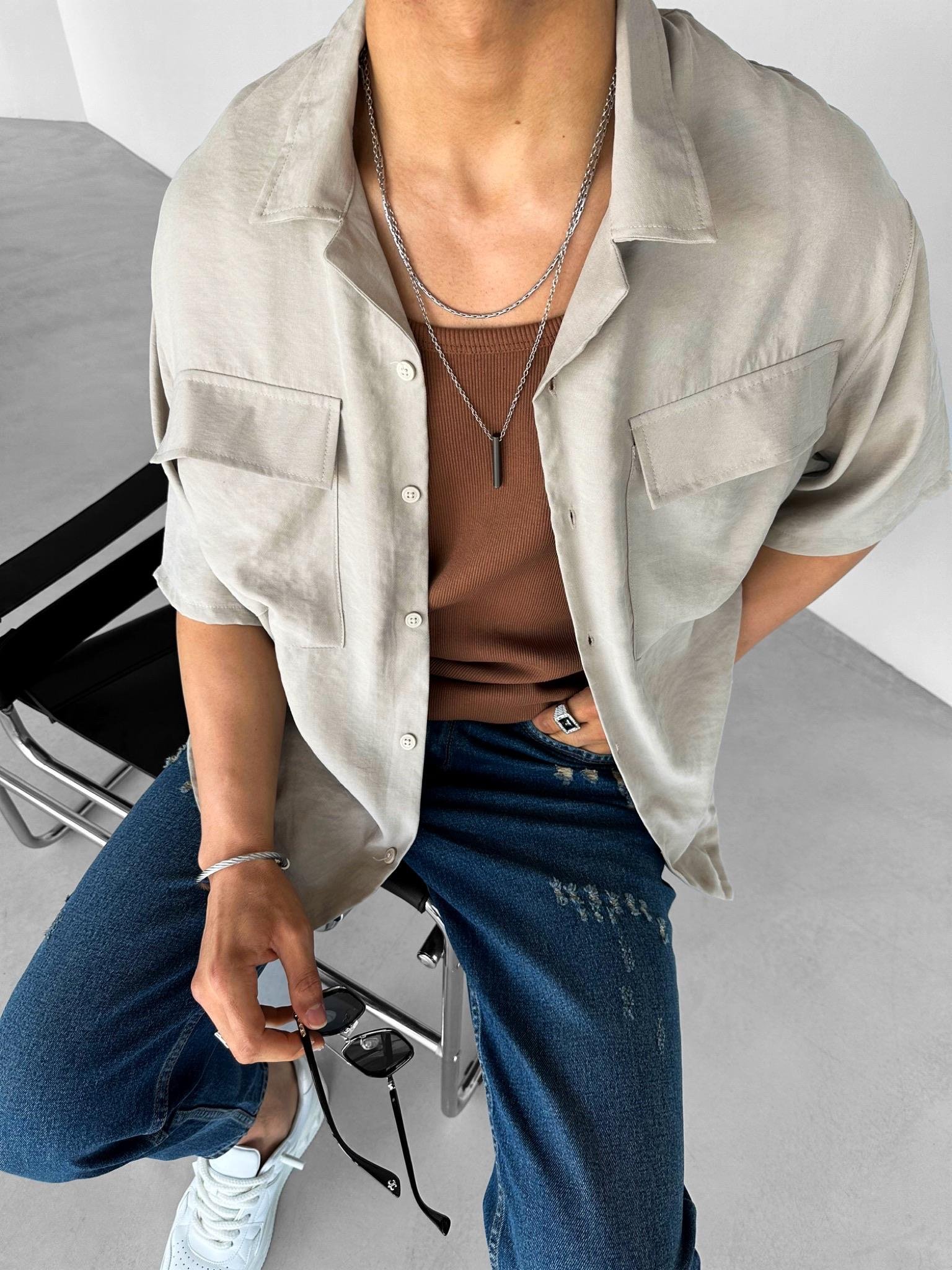 Extra Oversize İki Cepli Gömlek Bej