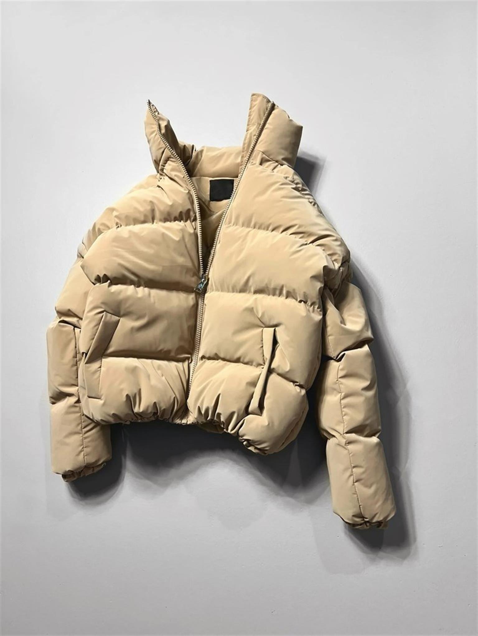 Fermuarlı Cepli Şişme Mont Camel