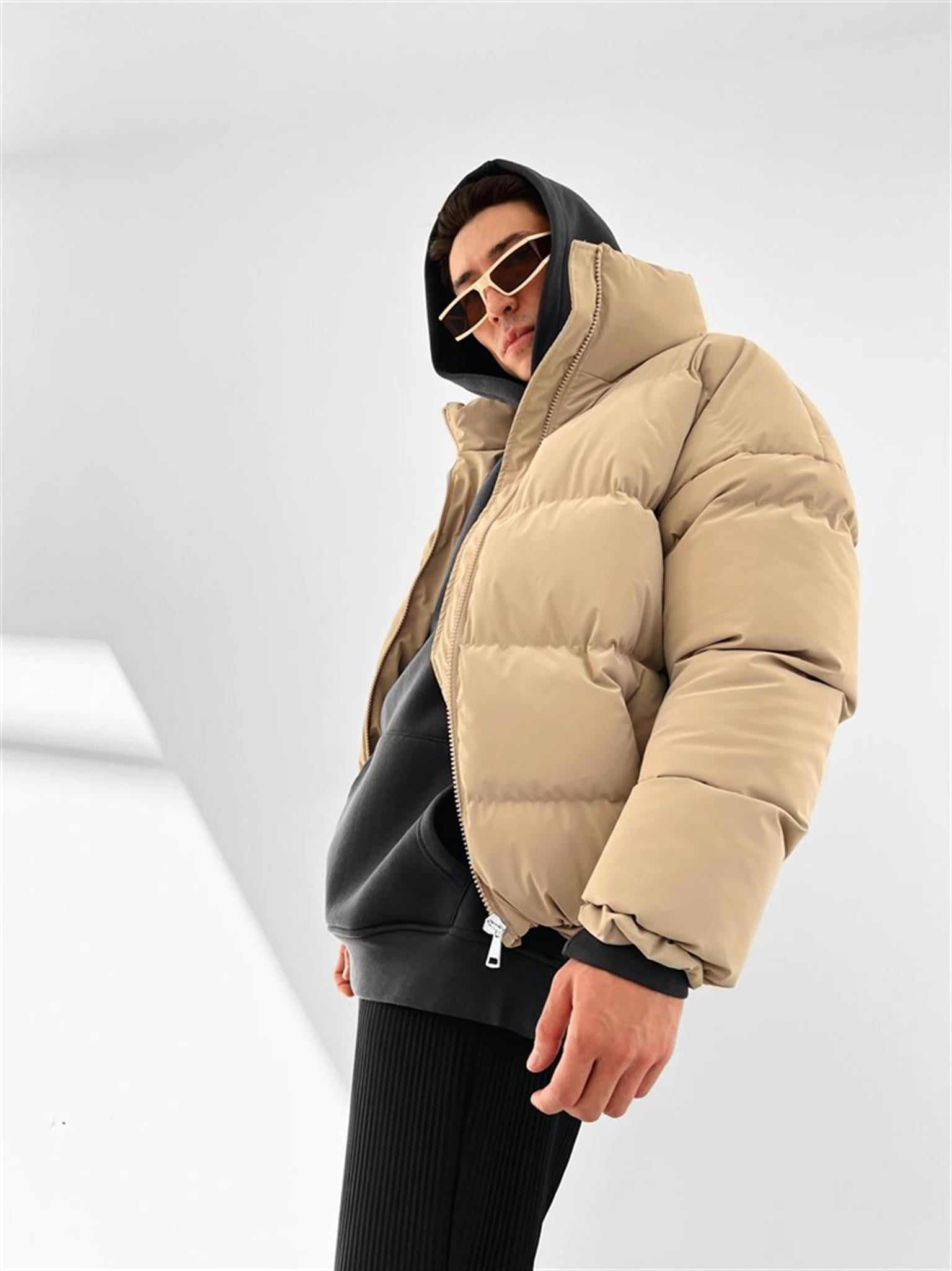 Fermuarlı Cepli Şişme Mont Camel