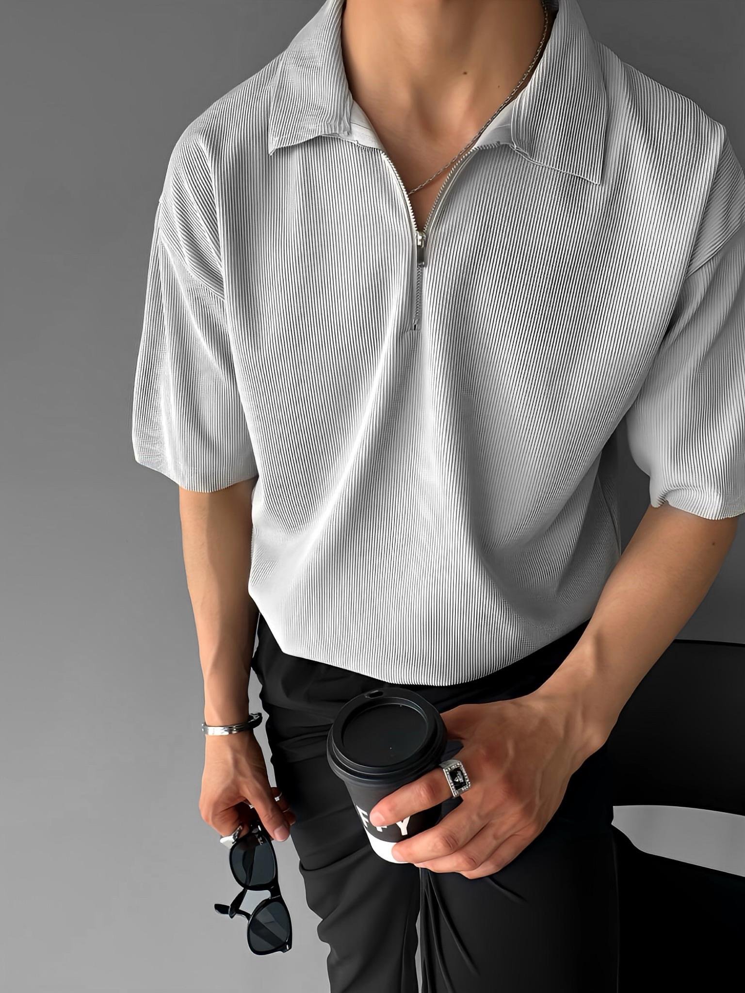 Fermuarlı Polo Yaka T-Shirt Açık Gri