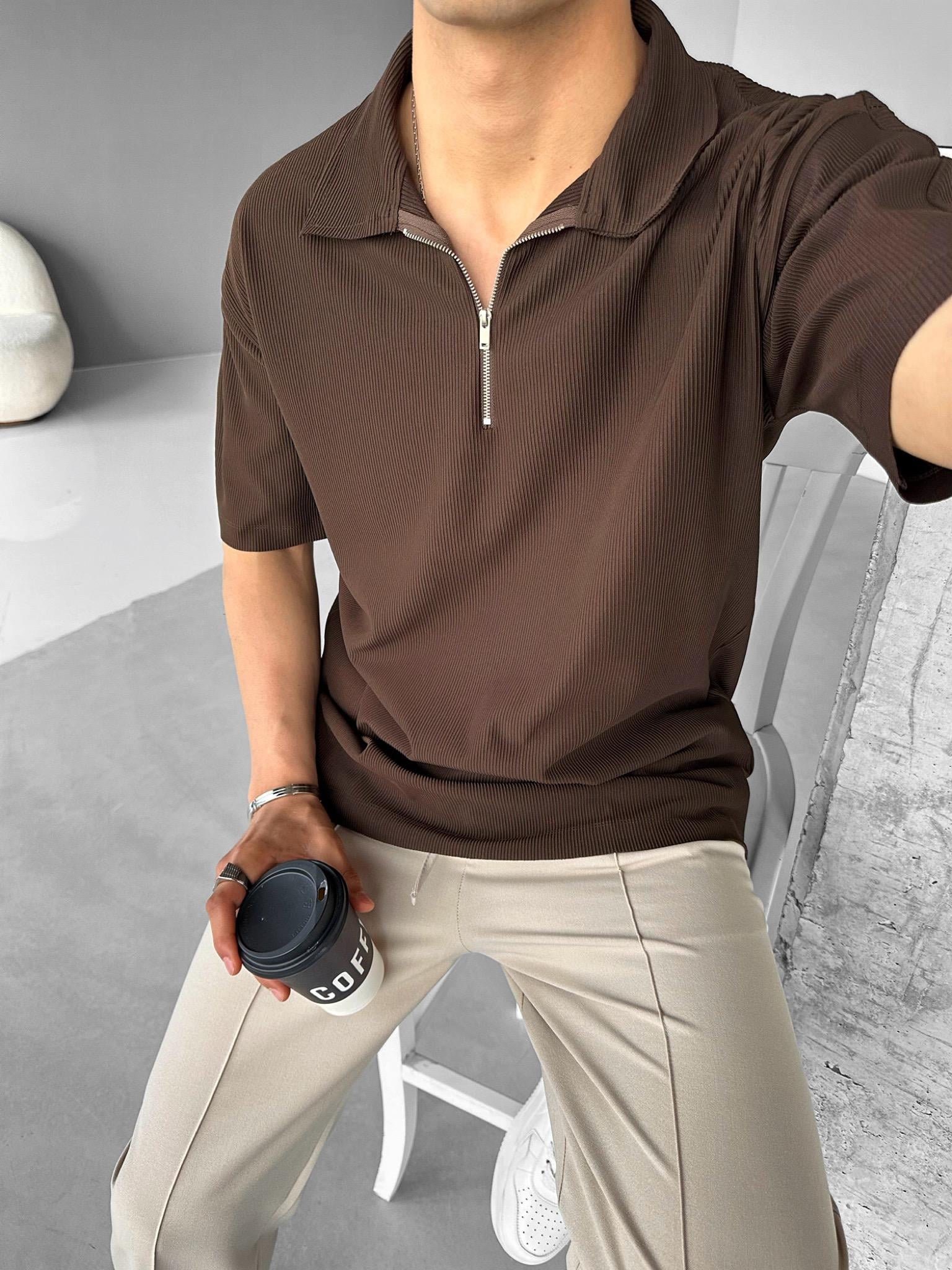 Fermuarlı Polo Yaka T-Shirt Kahverengi