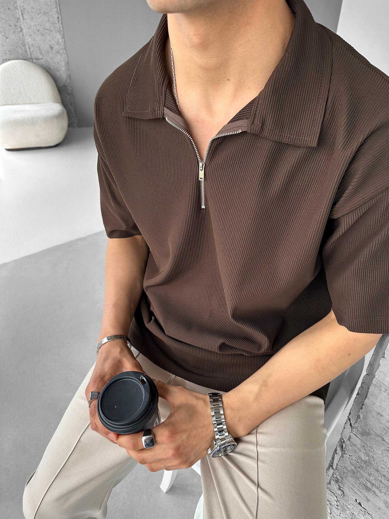 Fermuarlı Polo Yaka T-Shirt Kahverengi