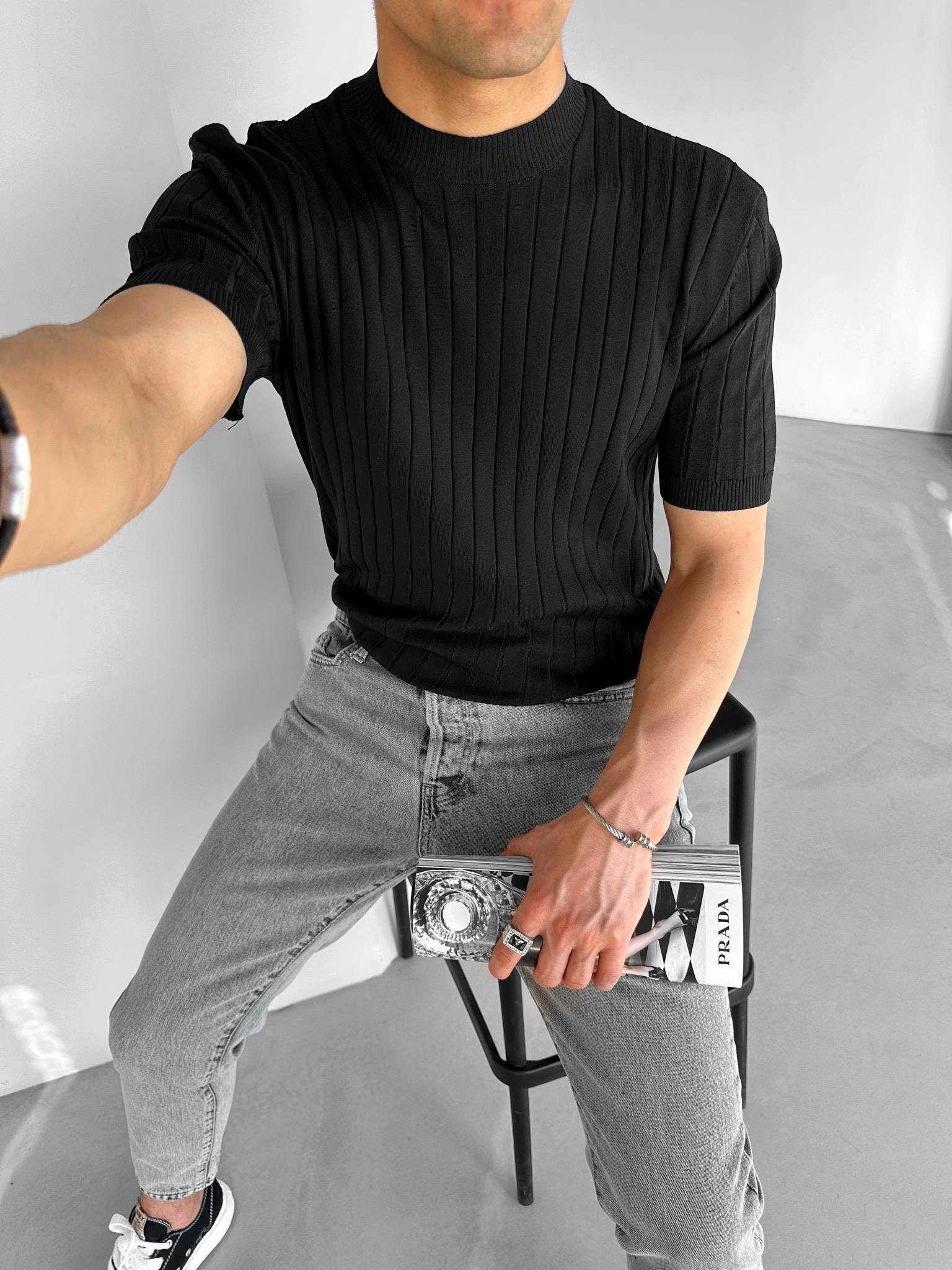 Fitilli Kısa Kol Triko T-Shirt Siyah