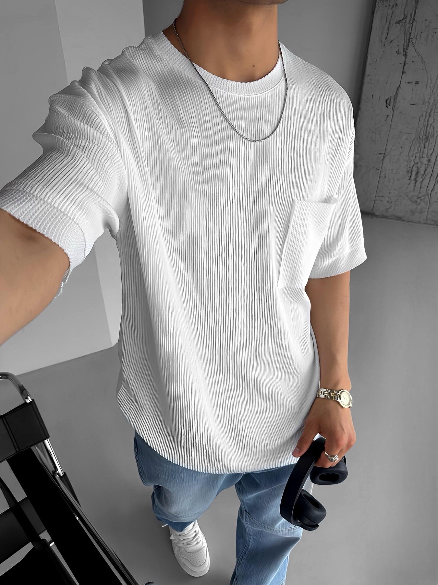 Long Fit Cepli Esnek Likralı Triko T-Sihrt Beyaz