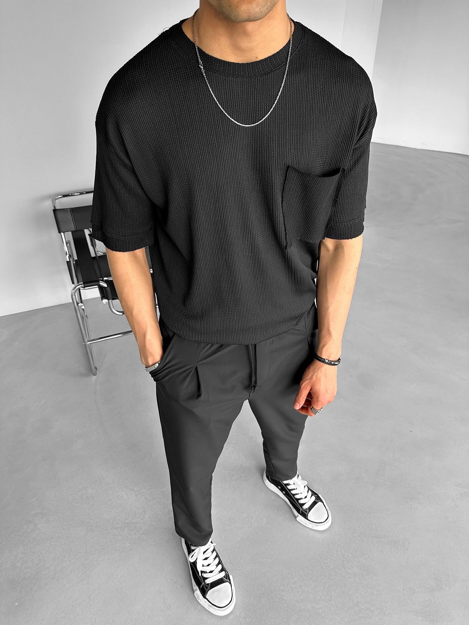 Long Fit Cepli Esnek Likralı Triko T-Sihrt Siyah