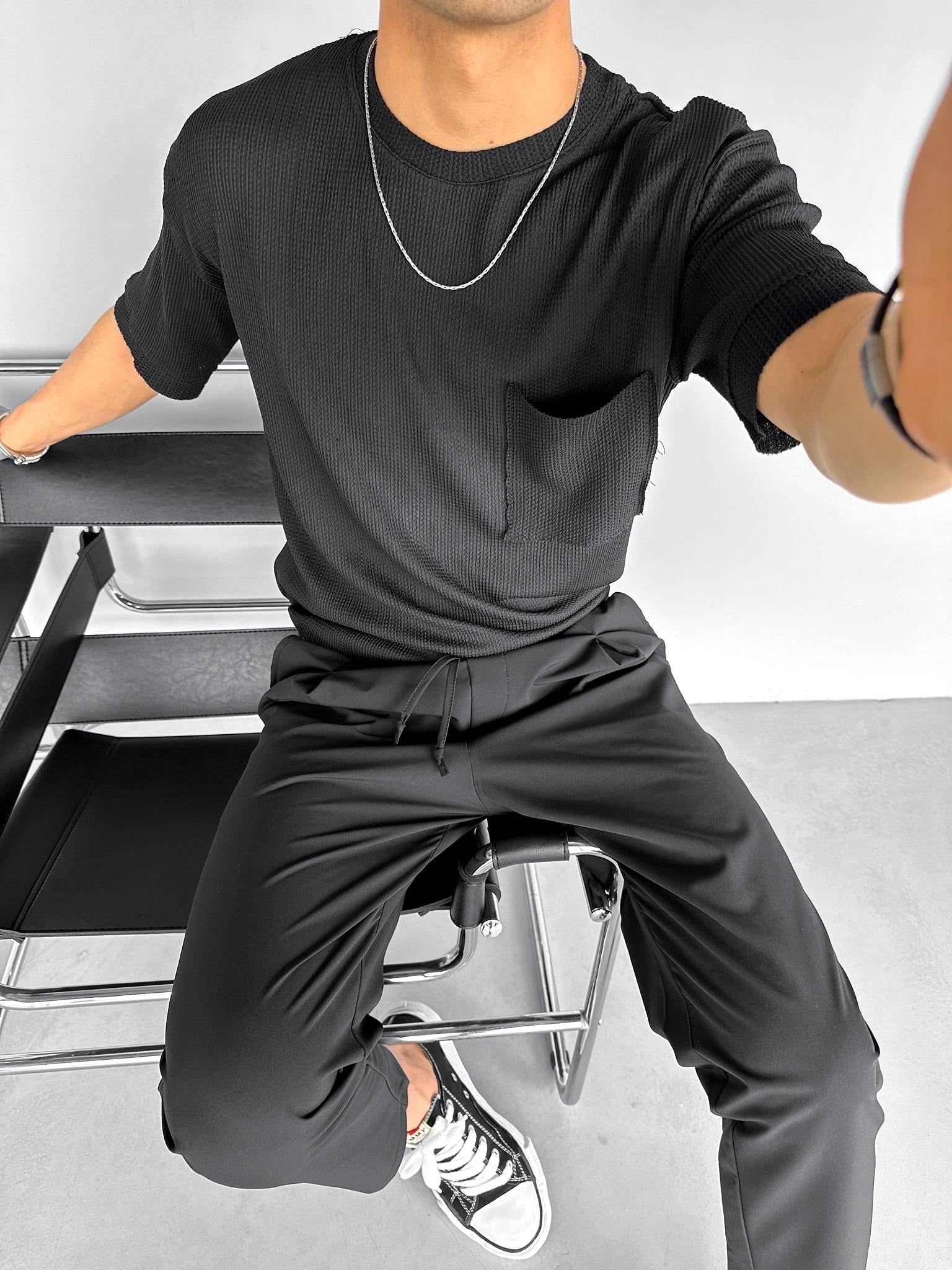 Long Fit Cepli Esnek Likralı Triko T-Sihrt Siyah