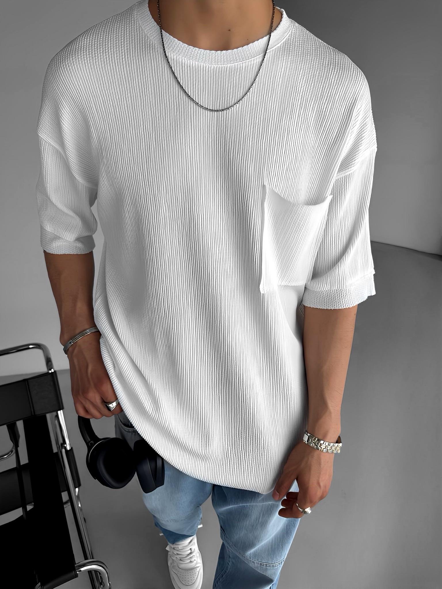 Long Fit Cepli Esnek Likralı Triko T-Sihrt Beyaz