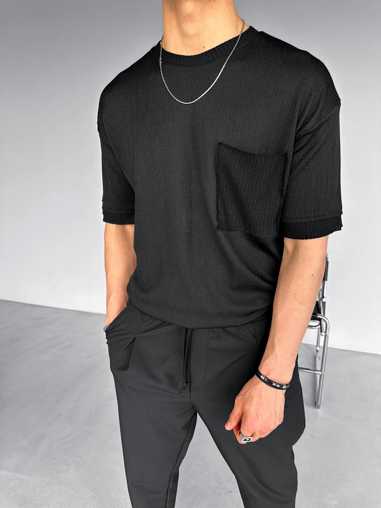 Long Fit Cepli Esnek Likralı Triko T-Sihrt Siyah