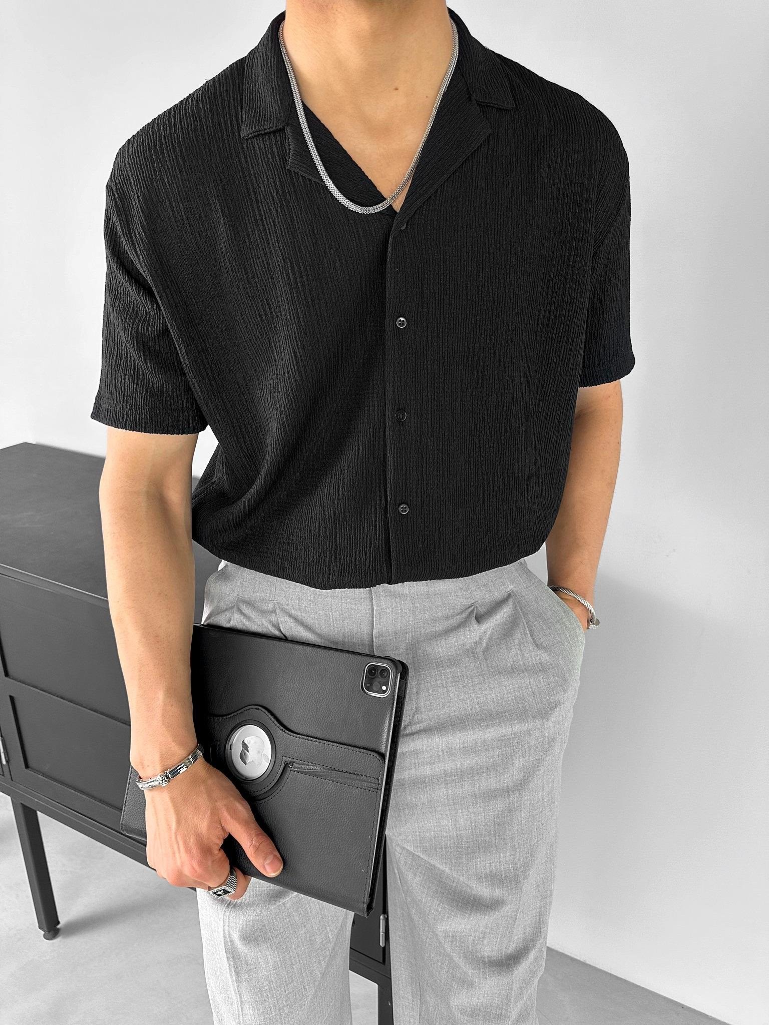Long Fit Gofre Kumaş Esnek Küba Yaka Gömlek Siyah