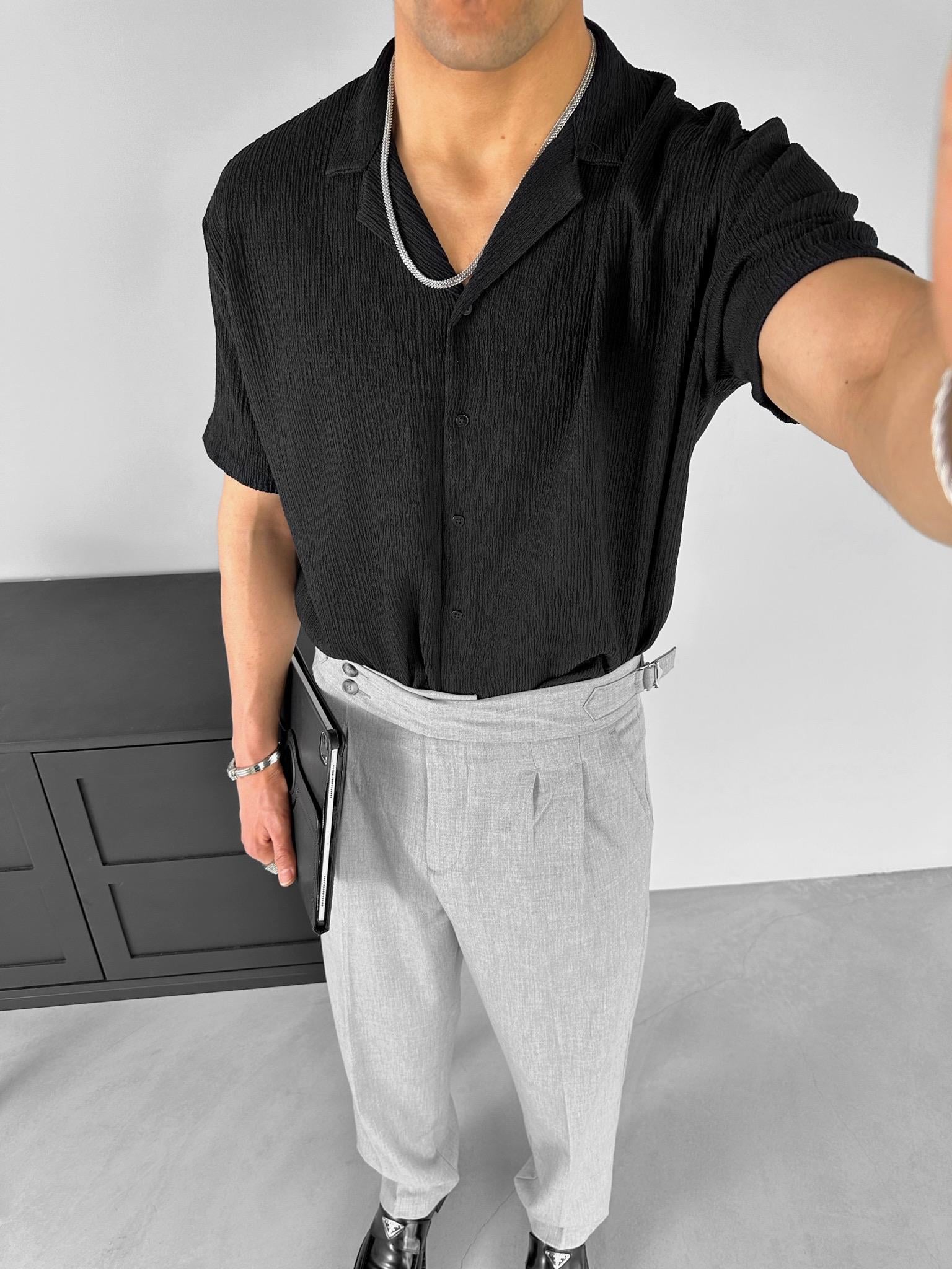 Long Fit Gofre Kumaş Esnek Küba Yaka Gömlek Siyah