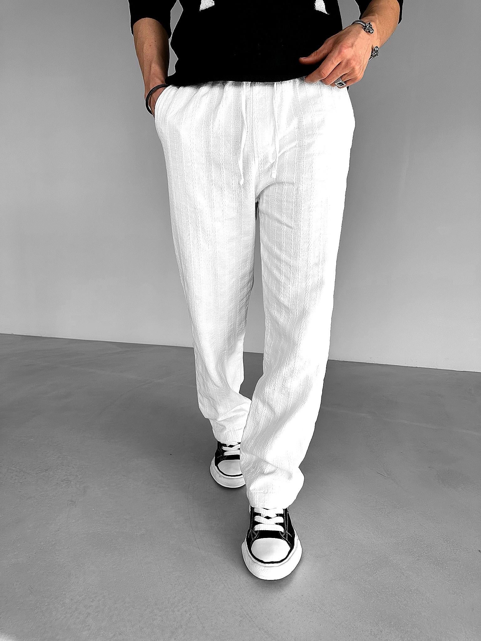 Örme Detaylı Baggy Fit Rahat Pantolon Beyaz